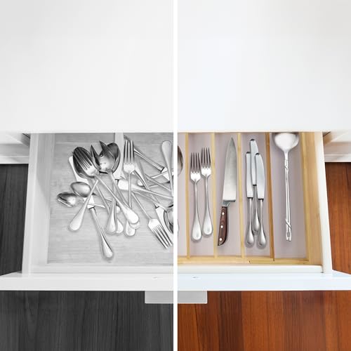 Relaxdays Bamboo Cutlery Tray, Extendable Width, 5 to 7 Compartments, Drawer Insert, 5 x 39 x 35.5 cm, Natural/White - Image 5