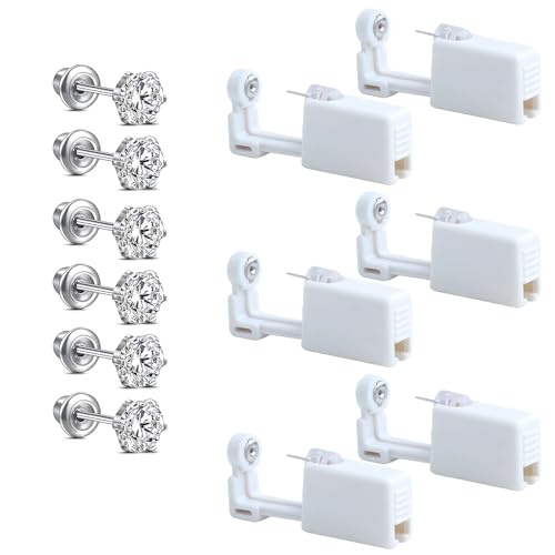 Modurio Lote de 6 Pistolas Desechables para Perforar Orejas - Perforación de Oreja Incluye 3/4/5mm Pendientes, Desechables Herramienta Autoperforante Indolora para Niñas, Mujeres y Hombres (Plata)