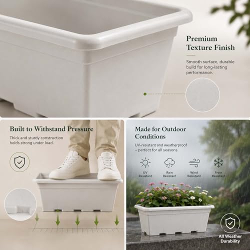 Image of Go Hooked Jupiter Window Planter Pot Pack of 12 | 24 Inch White Plastic Rectangular Plant Pot for Indoor Outdoor Gardening Balcony Terrace Decor | Large Decorative Flower Container L61 x W27 x H22 Cm