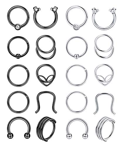 ORAZIO 20pcs Stainless Steel Septum Nose Ring Hoop Set Hinged Segment Lip Trague Cartilage Clicker Body Jewelry Piercing 16G