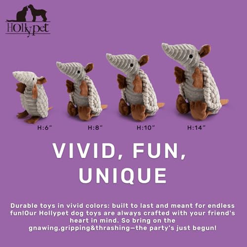 Image of Hollypet Plush Dog Squeaky Toy Stuffed Armadillo Animal Pet Puppy Chew Toys with Clean Teeth for Small Medium Large All Breed Sizes Dogs, Light Gray, 8 in