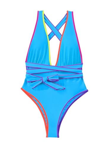 Image of Lilosy Sexy Tie Criss Cross Plunge One Piece Thong Swimsuit High Cut Brazilian Bathing Suit