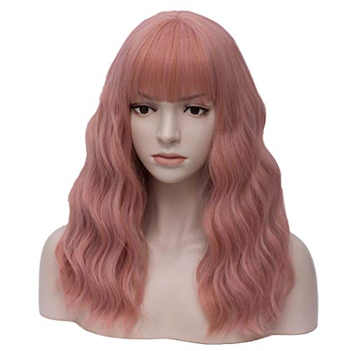 Women's Orange Pink Wavy Wig with Bangs Middle Length Synthetic Wigs for Daily Use or Costume