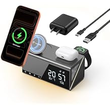 TobenONE 6-in-1 Alarm Clock Wireless Charging Station for Apple Devices, Night Light, Nightstand, MagSafe Magnetic Phone Charger, Fast Charging for iPhone 17 16 15 14 13 Pro Max, Apple Watch, AirPods
