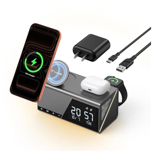 TobenONE 6-in-1 Alarm Clock Wireless Charging Station for Apple Devices, Night Light, Nightstand, MagSafe Magnetic Phone Charger, Fast Charging for iPhone 17 16 15 14 13 Pro Max, Apple Watch, AirPods