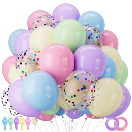 Image of 12 Inch Pastel Balloons Pink Blue Green Purple Yellow 68Pcs Pastel Rainbow Latex Balloon with Colorful Confetti Party Balloons for Easter Birthday Baby Shower Bridal Wedding Party Decoration