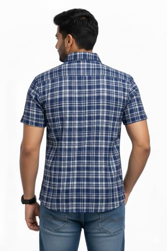 Image of Xuber Men's Blue Checked Cotton Blend Casual Shirt | Half Sleeve | Regular Fit | Stylish Plaid Design