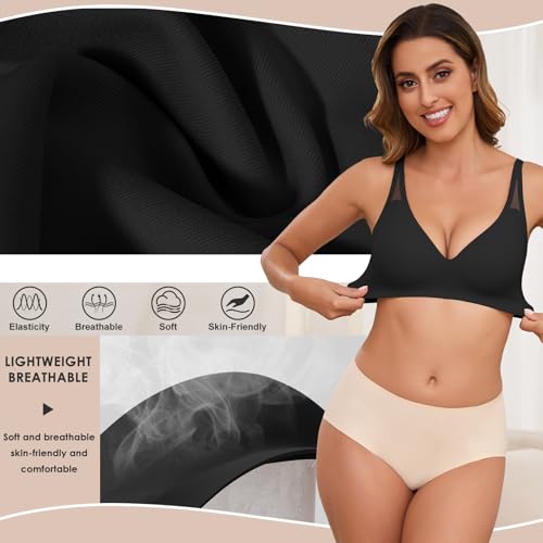 Xnova Biustonosz damski bez fiszbin miękki wyściełany push up bezszwowe biustonosze minimalizujące oddychający biustonosz z dekoltem w serek z pełnym miseczką, czarne, XL