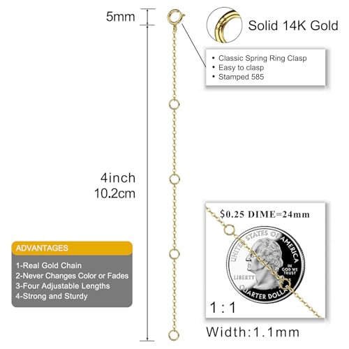 Image of 14K Solid Gold Necklace Extender Real Bracelet Extender 2 3 4 Inch Durable Adjustable Chain Gold Anklets Extension for Women 2 inch 3 inch 4 inch (14K Yellow Gold-4 IN)