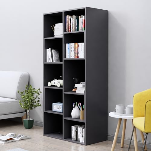 Image of Bniture 10 Tier Engineered Wood Open Book Shelf Wooden Bookshelf for Home, Kids Room & Study Room | Multipurpose Free Stand Corner Book Organizer for Library Room, Office | Slate Grey