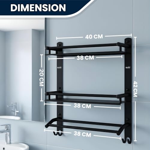 Image of GLOXY Premium Combo Pack of 3 Matte Black Stainless Steel Bathroom Shelves | 2-Layer Storage Rack with Towel Holder Bathroom Organizer for Home, Office & Restaurants