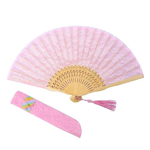 Royal Hong Beauty Japanese Chinese Bamboo Folding Bridal Hand Fan, Pink Lace Fans for Women, Handmade Vintage Retro Fan Foldable Handheld for Wedding Tea Party Dancing Decorations-Pink Lace