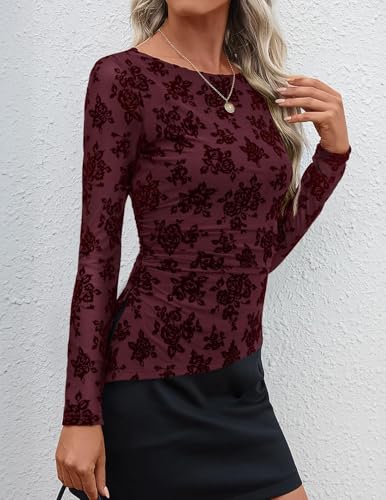 Image of ZESICA Womens Floral Long Sleeve Shirts 2026 Spring Boat Neck Mesh Ruched Tops Fitted Asymmetrical Going Out Blouses