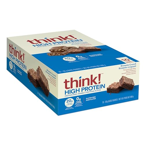 think! High Protein Bar, 20g Protein per bar, Zero sugar, Gluten Free, Low GI – Brownie Crunch, 10 count-box, 60g per bar – Convenient On-the-go Delicious & Nutritious Snack (packaging may vary)