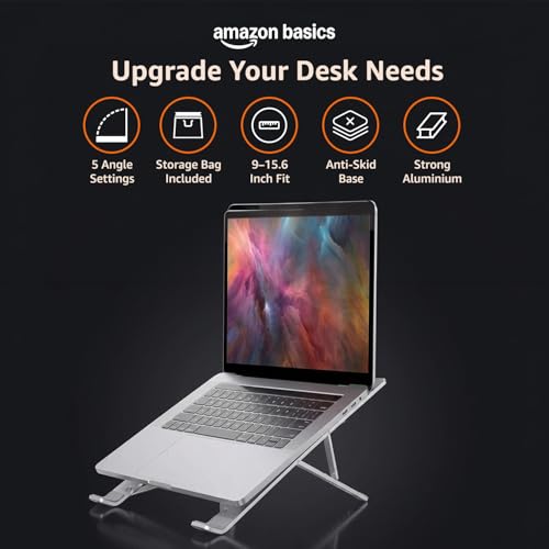 Image of amazon basics Laptop Stand, Height-Adjustable, Foldable, Portable, Ventilated, Fits Up to 15.6-Inch Laptops (Aluminium Alloy, Silver)
