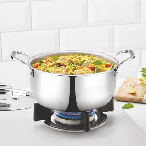 Borosil Cookfresh Tri-ply Casserole Steel Handle | SS304 Food Grade Steel, Dishwasher Safe | Compatible for Gas, Induction, Hot Plate, Halogen | 5 Yea
