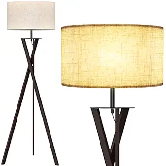 LEPOWER Tripod Floor Lamp, Modern Design Standing Lamp, Mid Century Wood Studying Light for Living Room, Bedroom and Office, Flaxen Lamp Shade with E26 Lamp Base