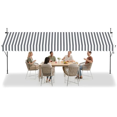 Image of Yunvin Clamp Awning with Hand Crank, 400 x 120 cm Retractable Balcony Manual Awning, No Drilling Awning Sun Protection UV-Resistant Height-Adjustable for Garden Patio Balcony, Grey and White Stripes