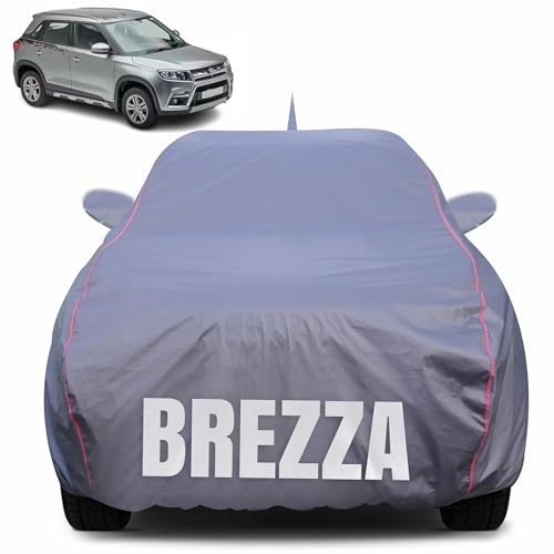 Image of 100% Waterproof Car Body Cover for Maruti Suzuki Brezza (2016-2025) with Mirror Pocket (Heat & UV Resistant, Triple Stitched, Soft Lining, Bottom Elastic & Piping) Grey