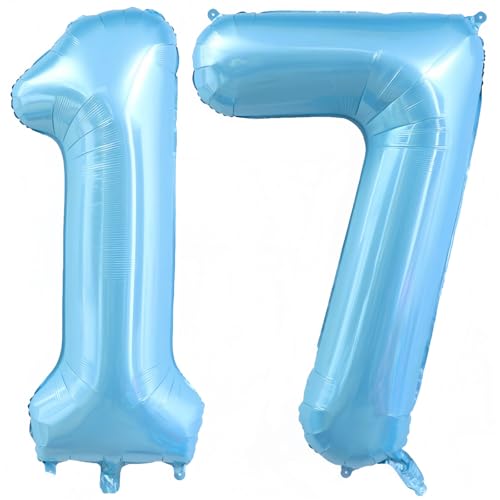 Image of Pastel Blue 17 Balloon Number, Light Blue 17 Balloons for Birthday Party | Number 17 Balloon,40 Inch,Pastel Blue,Helium-fillable,17 Foil Mylar Balloons,for Birthday Party Anniversary Decorations