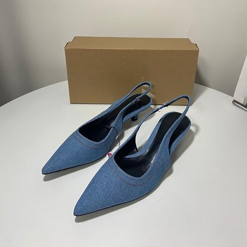 WENOREG Women's Pointed Toe Slingback Kitten Heels Shoes,Comfortable Denim Low Heel Elastic Back Strap Sexy Slip On Walking Wedding Party Dress Pumps Shoes3