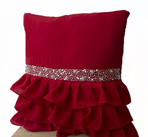 Amore Beaute Handmade Elegant Red Ruffled Beaded Sequin Throw Pillow Cover -Decorative Pillow Cases -Gift Pillow -Beaded Pillows Cases -Christmas Pillow Cases -Rhinestone Pillow Covers (18X18) #TOP1