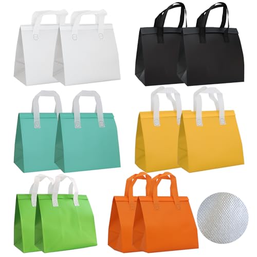 Chanseen 12Pcs Disposable Insulated Lunch Bag Cooler Bag Thermal Grocery Take Away Bags for Food Delivery Party Drink Picnic Holiday White Yellow Orange Grass Green Aquamarine Black
