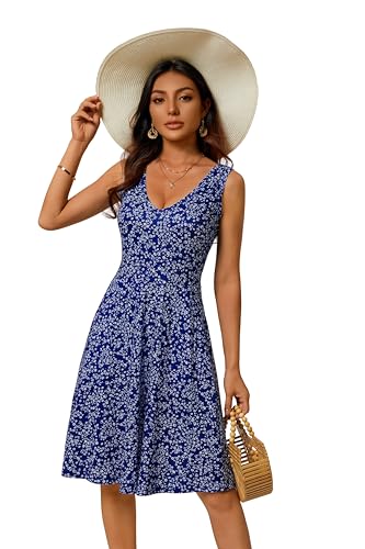 Image of HUHOT Womens Sleeveless V Neck Dress with Pocket Summer Beach Midi Flared Tank Dress