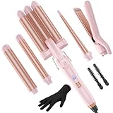 5 in 1 Wand Curling Iron-Curling Wand Set with Hair Straightener, 3 Barrels Hair Crimper Iron, 3 Ceramic Curling Irons (0.35 '-1.25'), 2 Temps Fast Heat Hair Curler Waver with Glove & Clip-Light Pink
