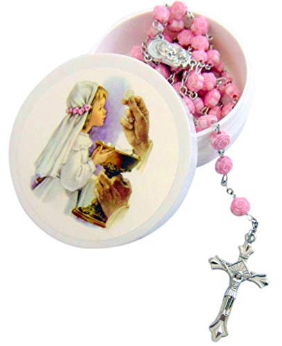 Westman Works Girl's First Communion Rosary Rose Shaped Bead Catholic Gift Set with Case
