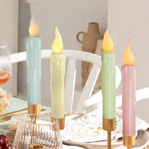 Image of Real Wax LED Flameless Short Taper Candles with Remote, 6.7 Inches Candy Colorful Candlesticks, Dripless Battery Operated Flame Rustic Primitive Flameless Spring Candles for Home, Pack of 4