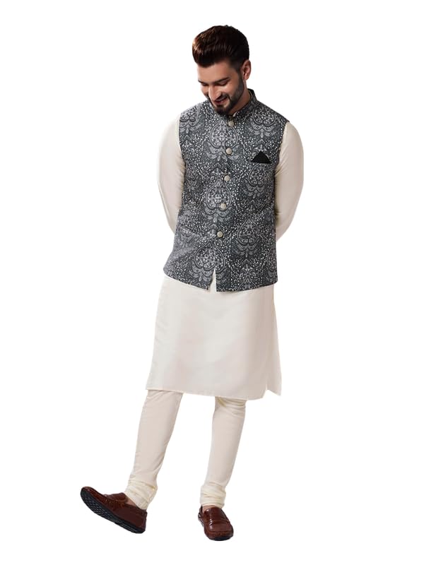 Image of KISAH Men Printed Kurta Jacket Set, Full Sleaves, Knee Length, Straight, Regular Fit, Mandarin Collar Ethnic Wear
