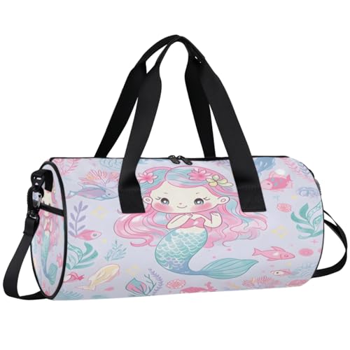 Cute Mermaid Round Barrel Sports Fitness Bag, Pink Travel Luggage Bag, Reusable Handbag, Suitable For Men and Women