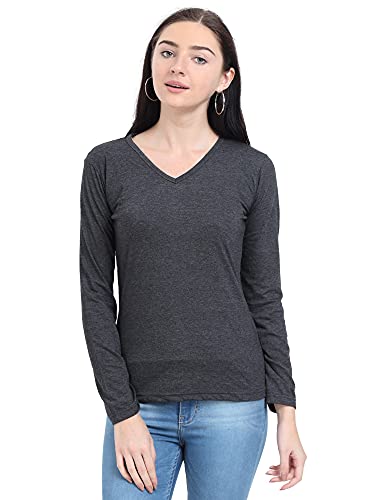 Image of FLEXIMAA Women's Cotton Plain V Neck Full Sleeve T-Shirt