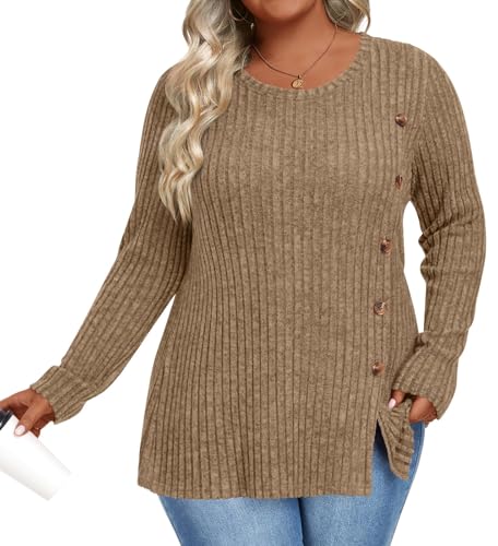 Image of HOTGIFT Womens Plus Size Sweater Tops Long Sleeve Crewneck Casual Tunic Shirts Buttons XL-5XL Blouse Soft Comfy Fashion