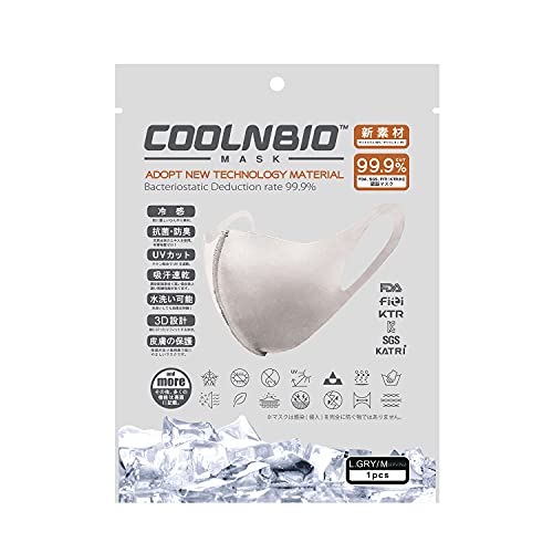 COOLNBIO MASK 接触冷感マスク L.GREY Mサイズ 1枚入×2袋セット 夏用マスク 耳が痛くならない ひんやり 速乾 抗菌・防臭