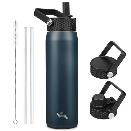 Image of Konokyo 25oz Insulated Stainless Steel Water Bottle with 3 Lids, Leakproof BPA-Free Bottle with Straw Lid, Sip Lid and Flex Cap for Gym, Travel, School, Office, Navy Blue
