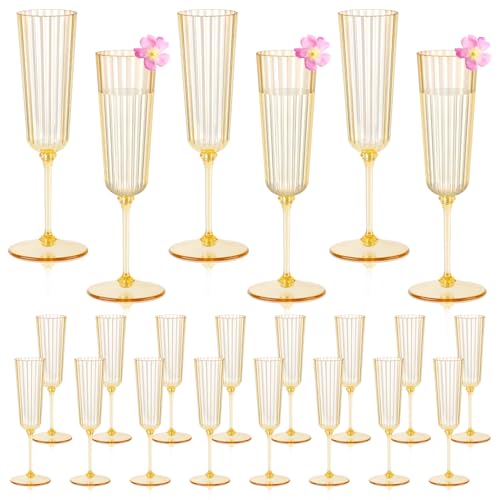 24 Pack Plastic Champagne Glasses Gold Unbreakable Ribbed Champagne Flutes Detachable 5.5 Oz Disposable Wine Stemware Glasses Toasting Cups for Wedding Baby Shower Engagement Thanksgiving Christmas