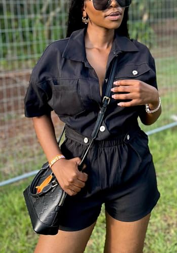 Kwunbwa D88202-BLACK-L Cargo Jumpsuits For Women, Summer Short Sleeve Rompers Casual Stretchy Elastic Waist Button Down Jumpsuits 2024 thumb #1