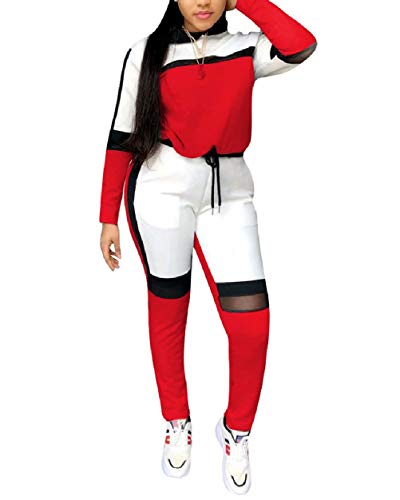 ThusFar Women's Casual Sweatsuit Two Piece Outfits Patchwork Net Color Block Pocket Hooded Top Pant Set Jogger Tracksuit2