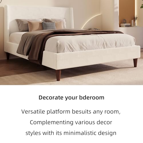 Image of Merax Boucle Queen Size Bed Frame with Wingback Headboard, Solid Wood Upholstered Platform with Walnut Wooden Legs, No Box Spring Needed, White