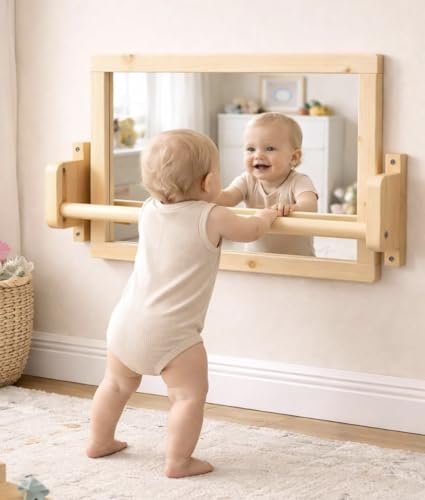 Image of Emir&Odin Montessori Mirror with Bar - Beech Wood 3 Adjustable Baby Pull Up Bar, Kids Mirror for Wall and Bedroom, Wall Mounted, Vertical or Horizontal Use