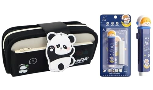 Image of WORSHIPER Large Capacity Cute Aesthetic Pencil Case with Multi ompartments, Multi-Pocket Pastel Pen Pouch Organizer with Zipper, Kawaii School Supplies Bag for Girls (Panda Black Pouch + Eraser)