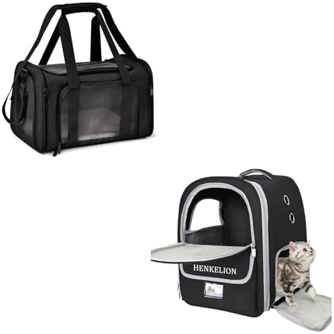 Henkelion Cat, Dog Carrier for Small Medium Cats Puppies up to 15 Lbs, Airline Approved Soft Sided - Black, Backpack Carrier with Breathable Mesh for Hiking, Travel, Outdoor Use - Black Cover