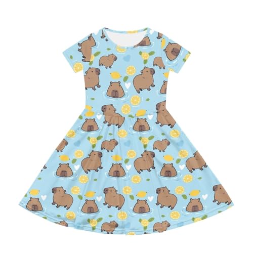 Image of Girls Dress with Pockets Basic Short Sleeve High Waist Swing Skater Dress School Party Dress for Kids