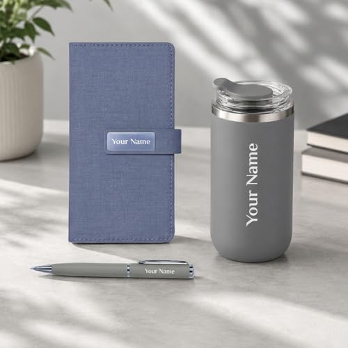 Image of Giftana Personalized Diary with Pen, Coffee Tumbler with Name, 3 in 1 Diary, Pen, Tumbler, Personalized Gifts for Husband Birthday, New Year Corporate Gifts for Employee (Grey)