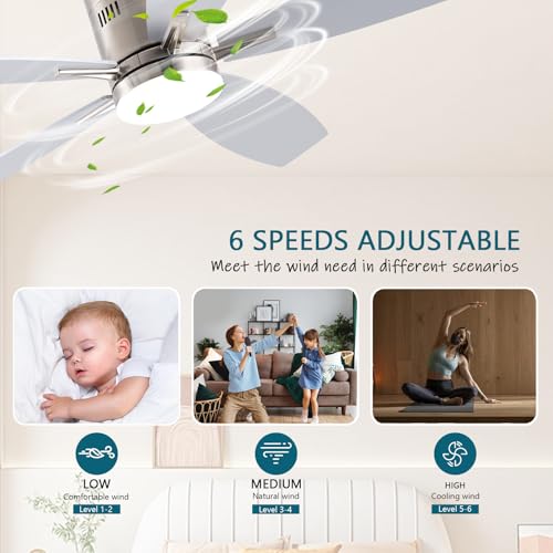 Image of Ayaoty Ceiling Fans with Lights, 52 inch Low Profile Indoor Ceiling Fan with Light and Remote Control, Dimmable, Noiseless, Reversible, Nickel Ceiling Fan for Bedroom, Indoor /Outdoor Use