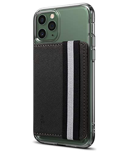 Ringke Flip Card Holder Faux Saffiano Leather with Elastic Hand Strap Multi-Card Slot Wallet Credit Card Cash Holder Attachment Compatible with Most Smartphones, Android and More - Chic Black