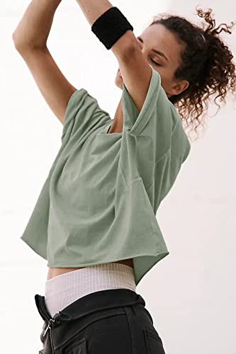 Image of HUGOOME Womens Oversized Workout Crop Top Casual Short Sleeve Boxy Roll Hem | Basic Half Split Sleeve Drop Shoulder Loose Yoga Running Gym Tee Cropped T-shirt Solid Trendy Relaxed Daily Tee