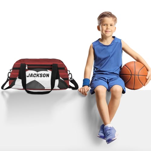 Football Ball Custom Name Kids Overnight Duffel Bags Boys Red Stripe Personalized Sport Gym Bag Customized Duffel Bag for Travel Weekender Practice Gymnastics2